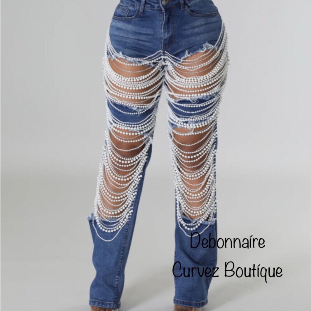 Women's Blue Pearl Embellished Jeans